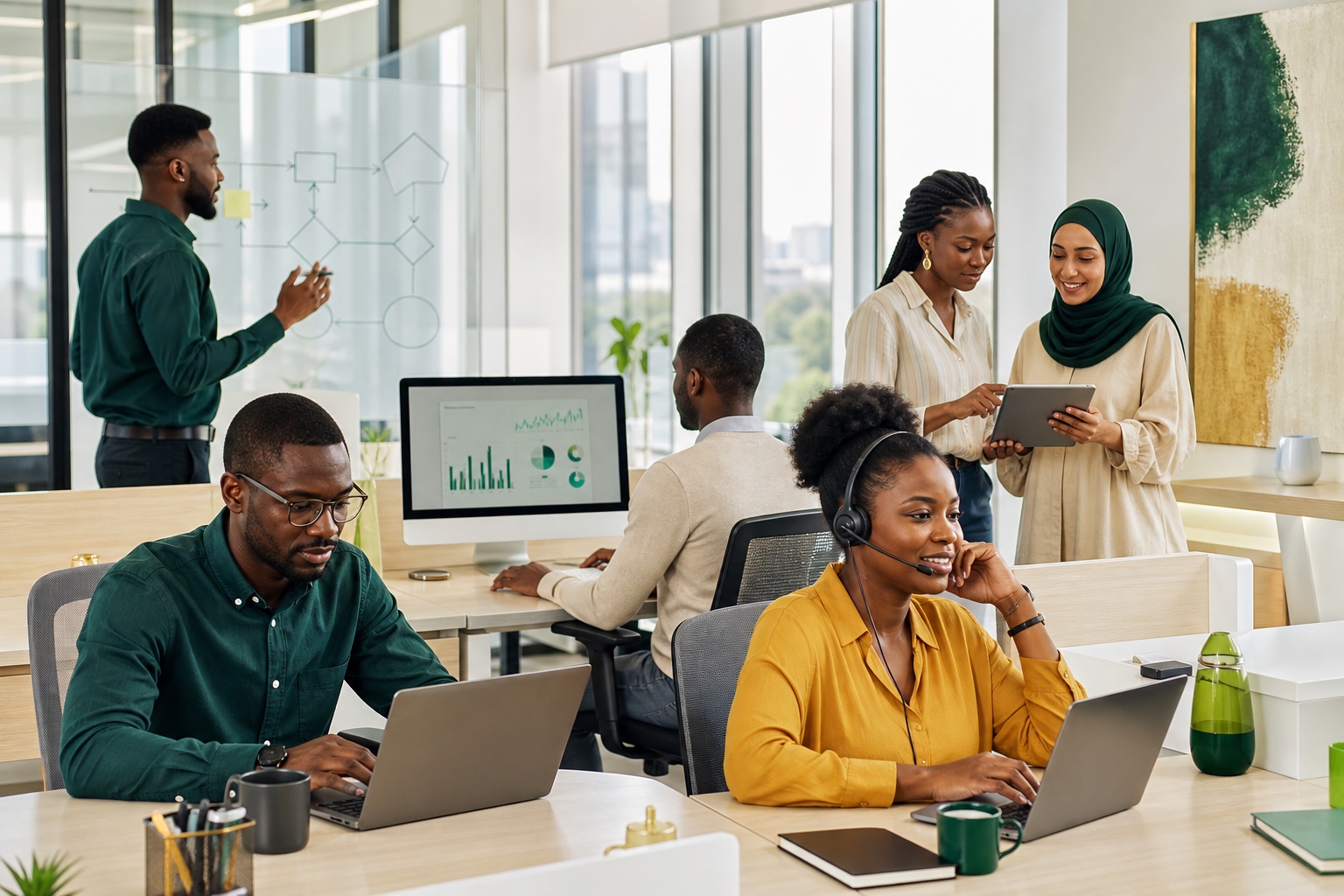 African remote professionals handling customer calls, data, technology, and team collaboration